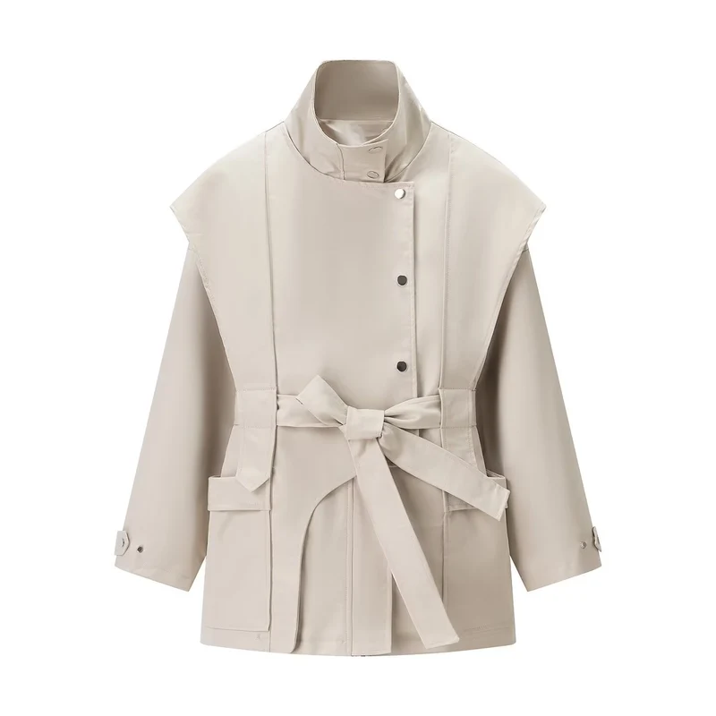 Damen Kurztrench mit Cape-Schulter, hohem Stehkragen und Bindegürtel Nord Taschen