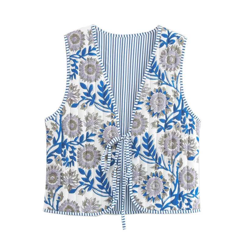 Damen Gesteppte Weste mit Toile‑Print, gestreifter Innenverarbeitung und Kordelbindung Nord Taschen