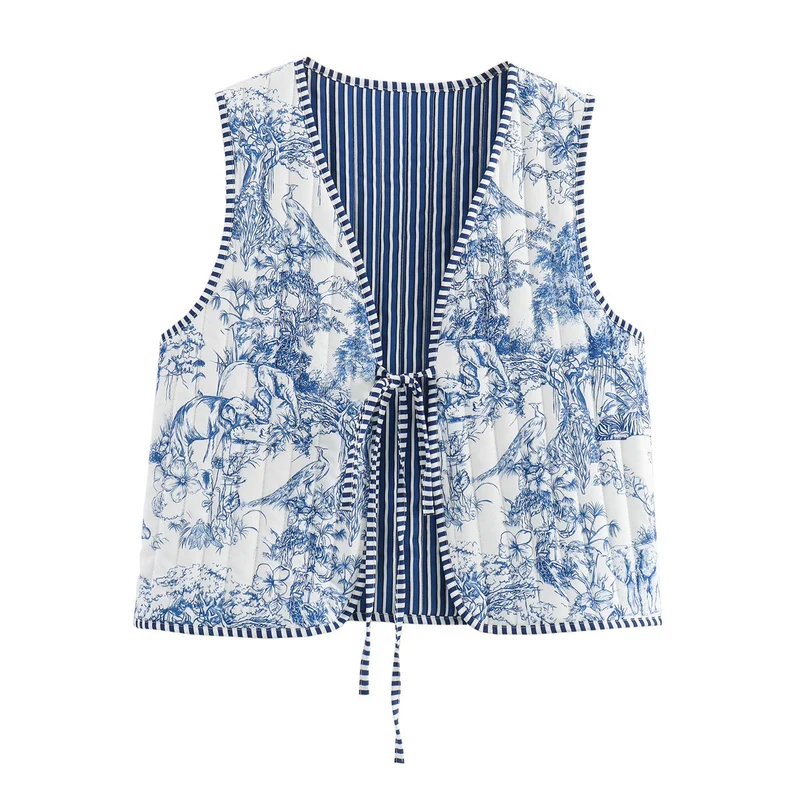 Damen Gesteppte Weste mit Toile‑Print, gestreifter Innenverarbeitung und Kordelbindung Nord Taschen