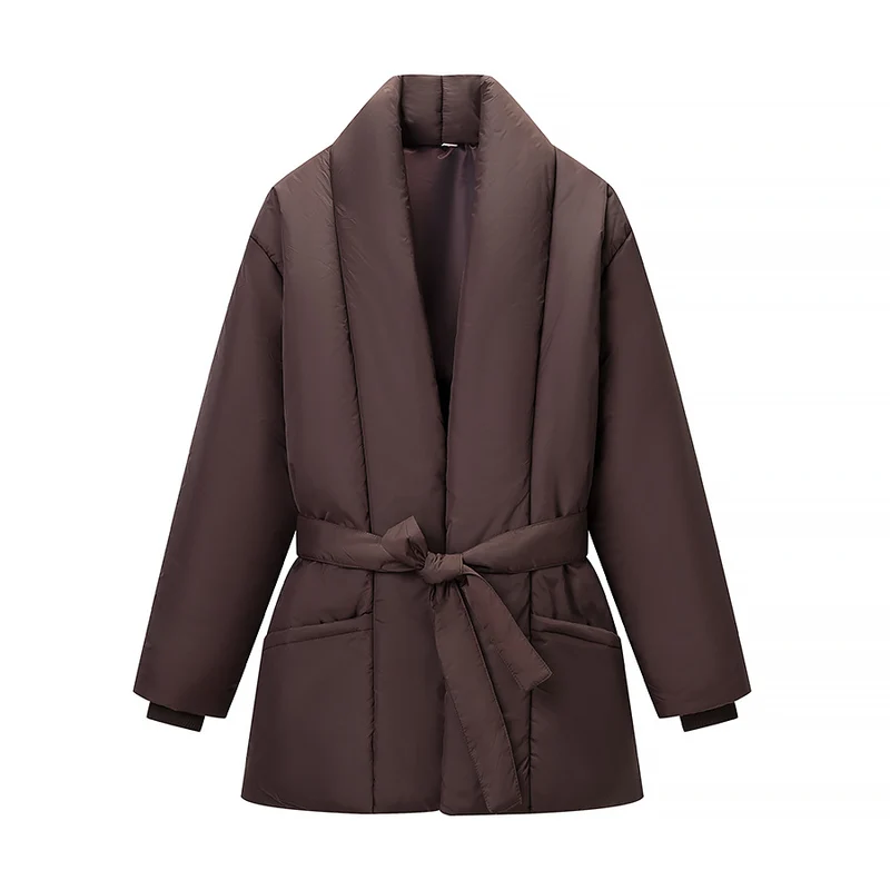 Damen gesteppte Taillengürtel-Steppjacke mit Schalkragen Nord Taschen