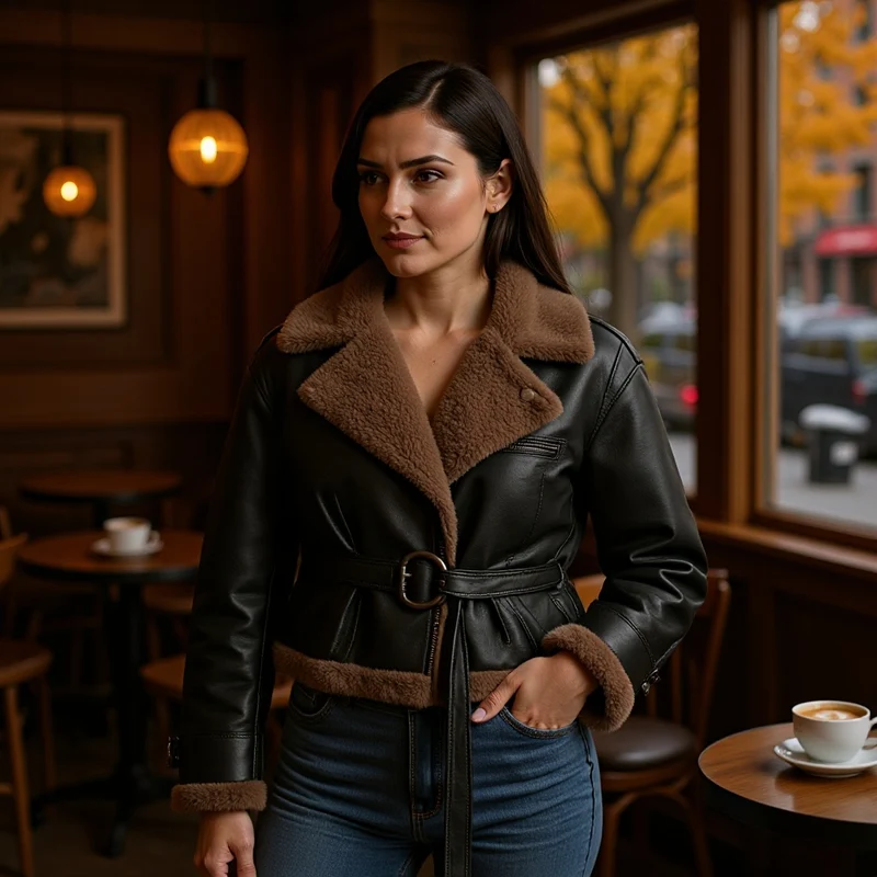 Damen Kurze Fliegerjacke aus Kunstleder mit Teddyfell-Kragen und Taillengürtel Nord Taschen