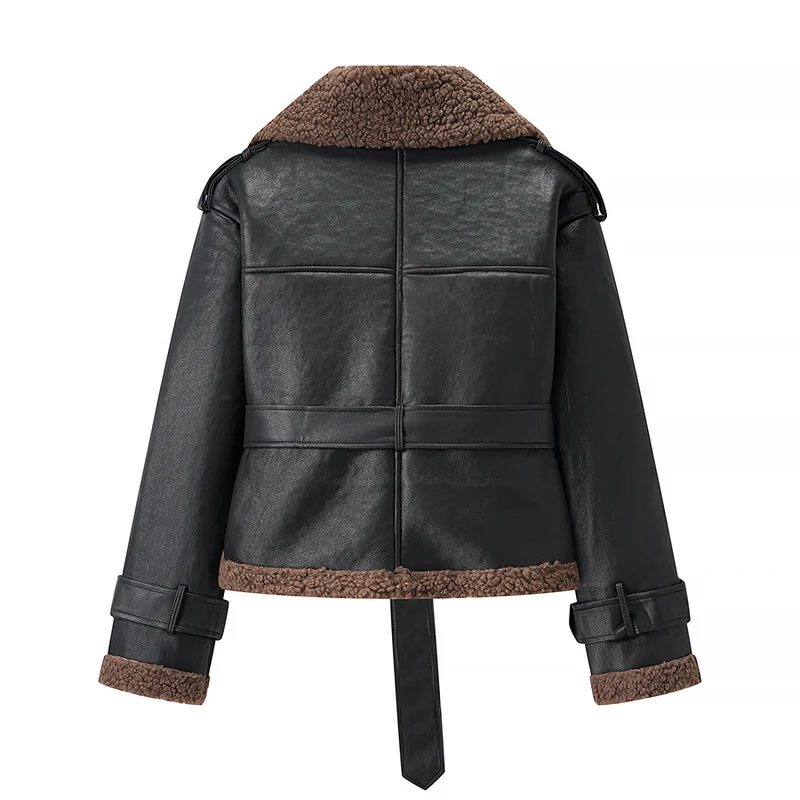 Damen Kurze Fliegerjacke aus Kunstleder mit Teddyfell-Kragen und Taillengürtel Nord Taschen