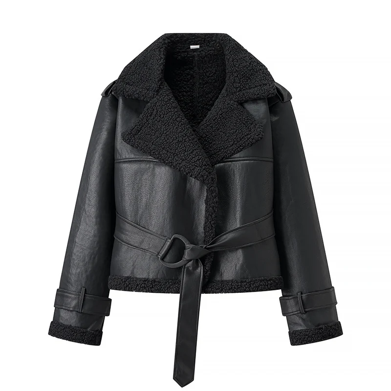 Damen Kurze Fliegerjacke aus Kunstleder mit Teddyfell-Kragen und Taillengürtel Nord Taschen