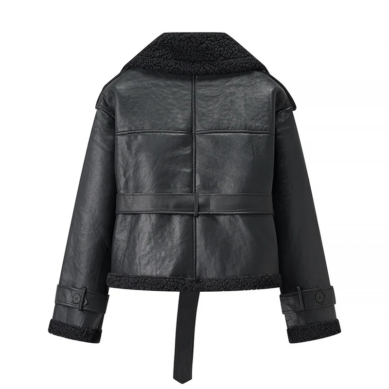 Damen Kurze Fliegerjacke aus Kunstleder mit Teddyfell-Kragen und Taillengürtel Nord Taschen