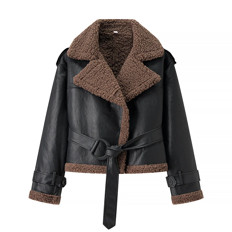 Damen Kurze Fliegerjacke aus Kunstleder mit Teddyfell-Kragen und Taillengürtel Nord Taschen