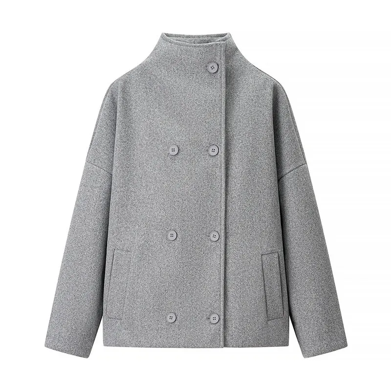 Damen Kurze doppeltgeknöpfte Oversize-Boxy-Jacke mit Stehkragen und Eingrifftaschen Nord Taschen