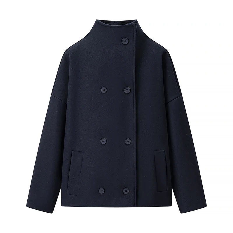 Damen Kurze doppeltgeknöpfte Oversize-Boxy-Jacke mit Stehkragen und Eingrifftaschen Nord Taschen