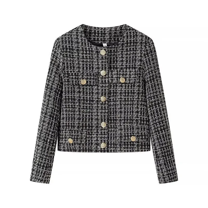 Damen Kurze Bouclé-Tweed-Jacke mit Rundhals, dekorativen Zierknöpfen und aufgesetzten Taschen Nord Taschen