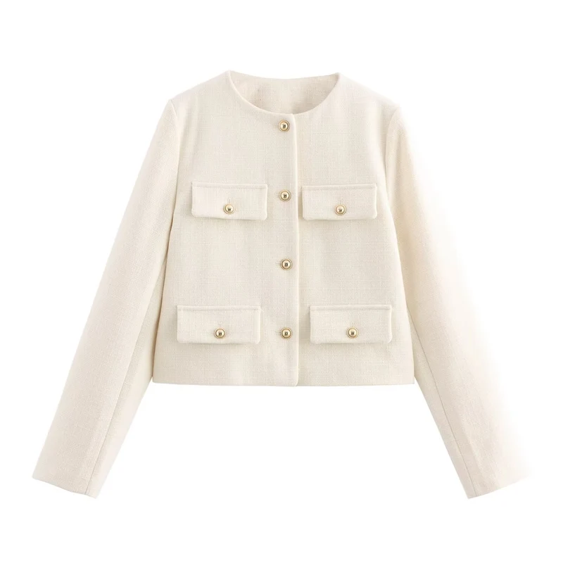 Damen Kurze Bouclé-Blazerjacke mit Rundhalsausschnitt, Zierleistentaschen und goldfarbenen Knöpfen Nord Taschen