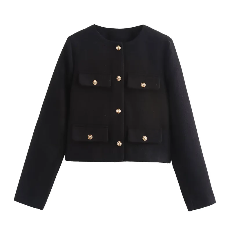 Damen Kurze Bouclé-Blazerjacke mit Rundhalsausschnitt, Zierleistentaschen und goldfarbenen Knöpfen Nord Taschen