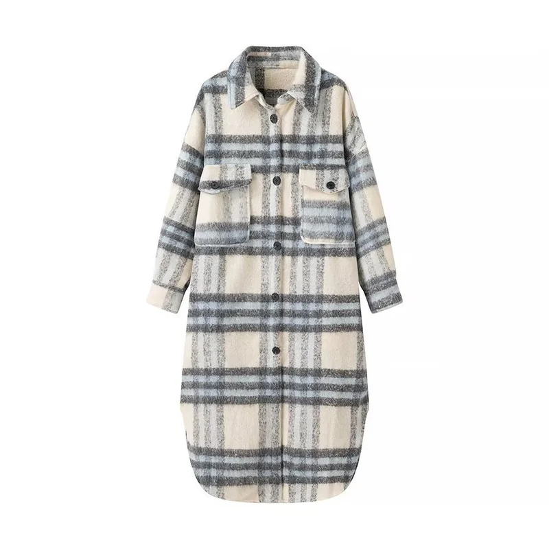 Damen Oversize-Hemdkleid-Mantel aus Wollmix mit Karomuster Nord Taschen