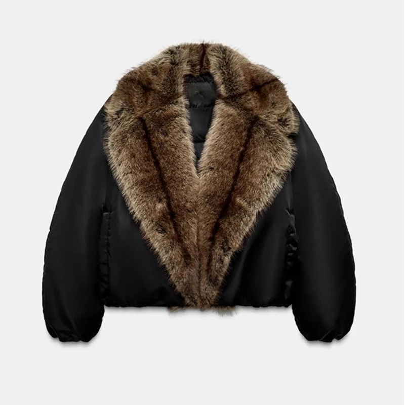 Damen Oversize-Bomberjacke mit voluminösem Fellkragen und Satinärmeln Nord Taschen