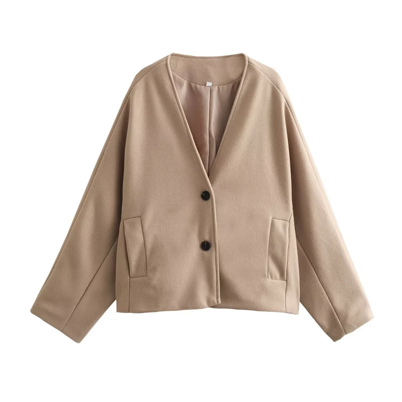 Damen Kurzmantel aus Wollmix mit Oversize‑Silhouette, V‑Ausschnitt und Zweiknopfverschluss Nord Taschen