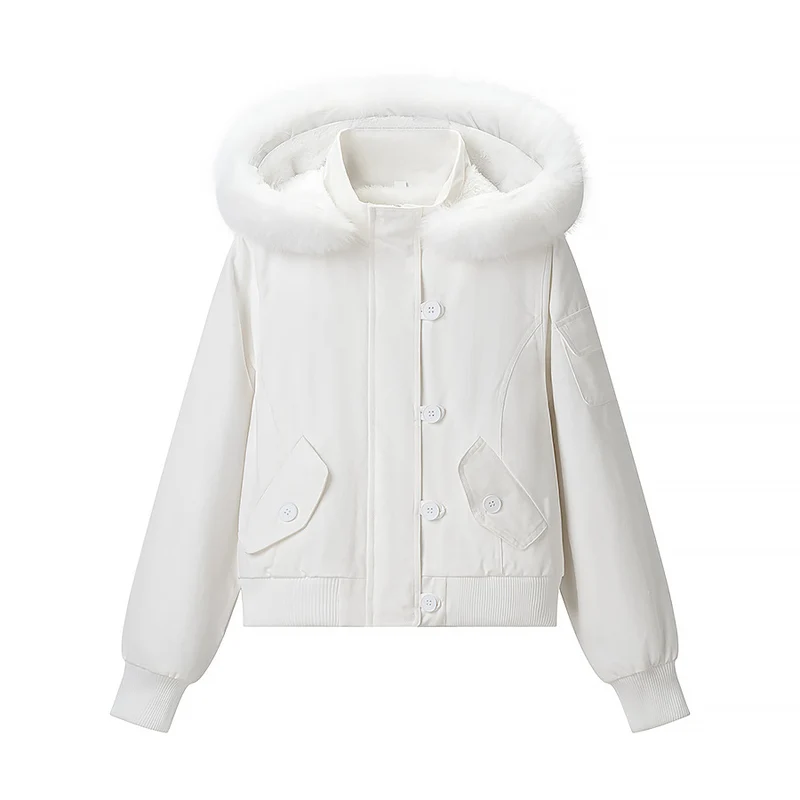 Damen Kurzjacke mit wattierter Fütterung, Kapuze mit Kunstfellbesatz und geripptem Saum Nord Taschen