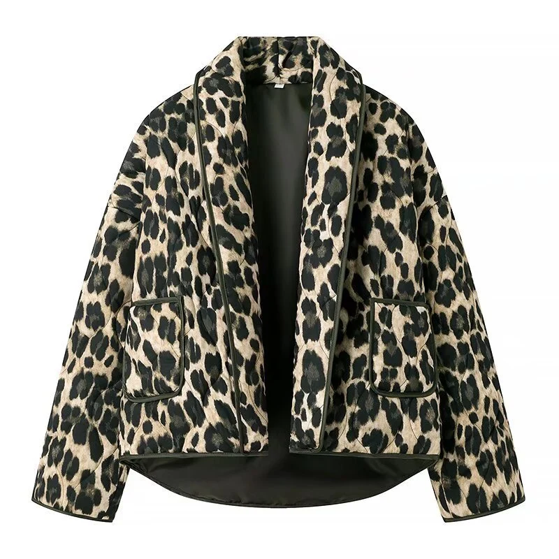 Damen Kurzjacke mit Leopardenprint, kastiger Silhouette und Schalkragen Nord Taschen