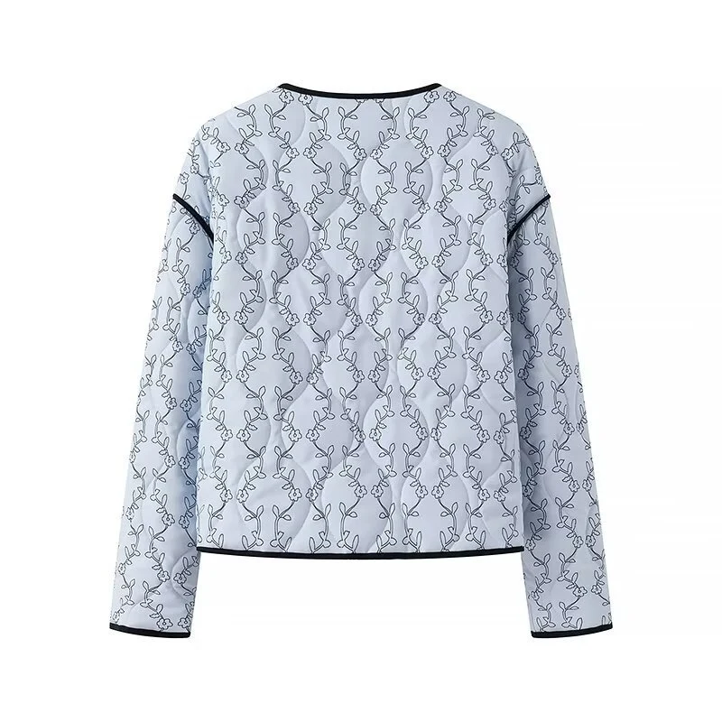 Damen gesteppte Kurzjacke mit V‑Ausschnitt, Kontrastpaspel und floraler Steppapplikation Nord Taschen
