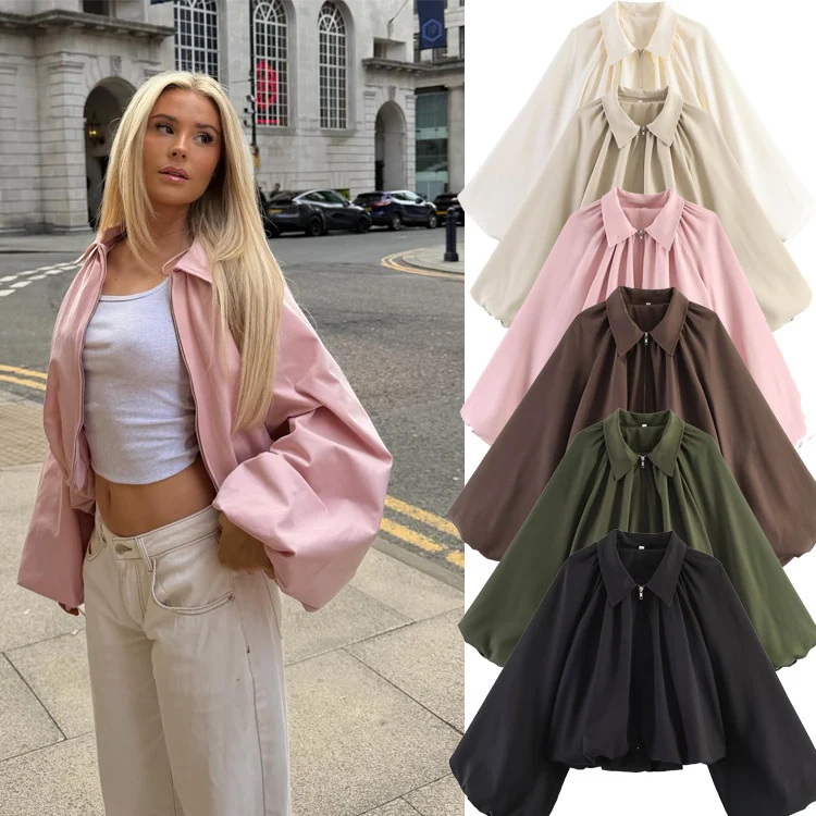 Damen Kurzcape mit Volumenärmeln, Reißverschluss und gerafftem Saum Nord Taschen
