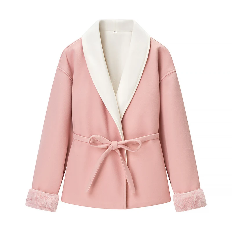 Damen Kurzblazer‑Mantel mit Kimono‑Schalkragen, Taillengürtel und Kunstfell‑Bündchen Nord Taschen