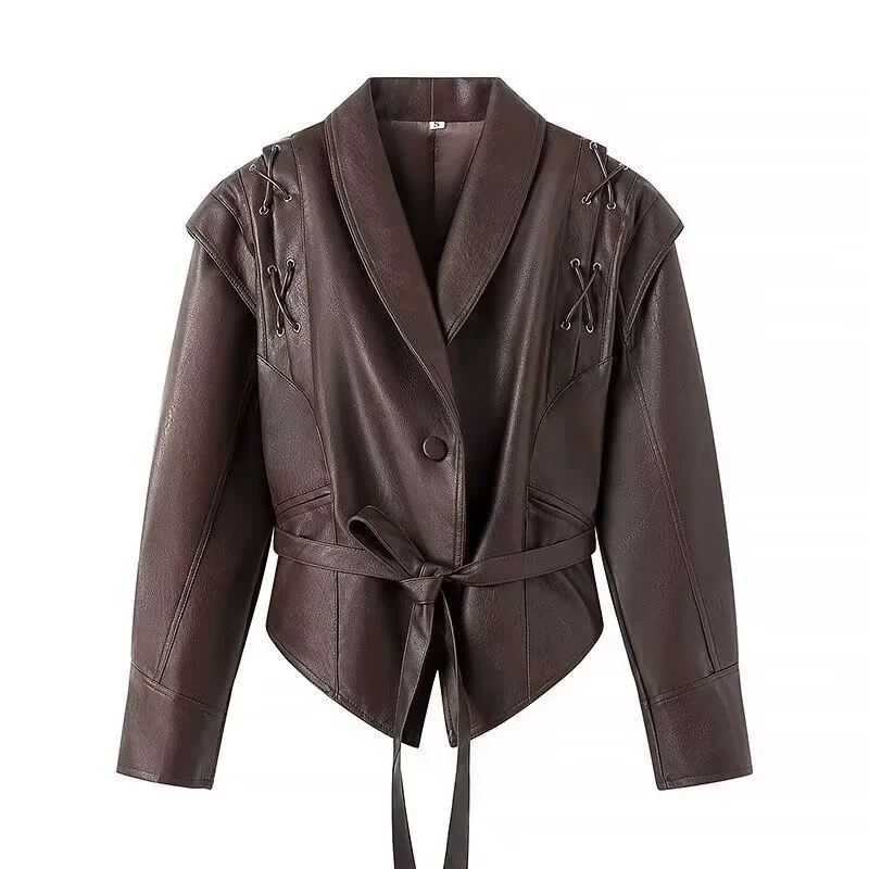 Damen Kurzblazer-Lederjacke mit Schalkragen, Taillengürtel und Schnürdetail Nord Taschen
