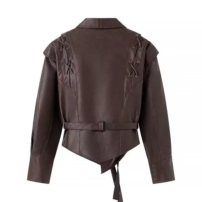 Damen Kurzblazer-Lederjacke mit Schalkragen, Taillengürtel und Schnürdetail Nord Taschen