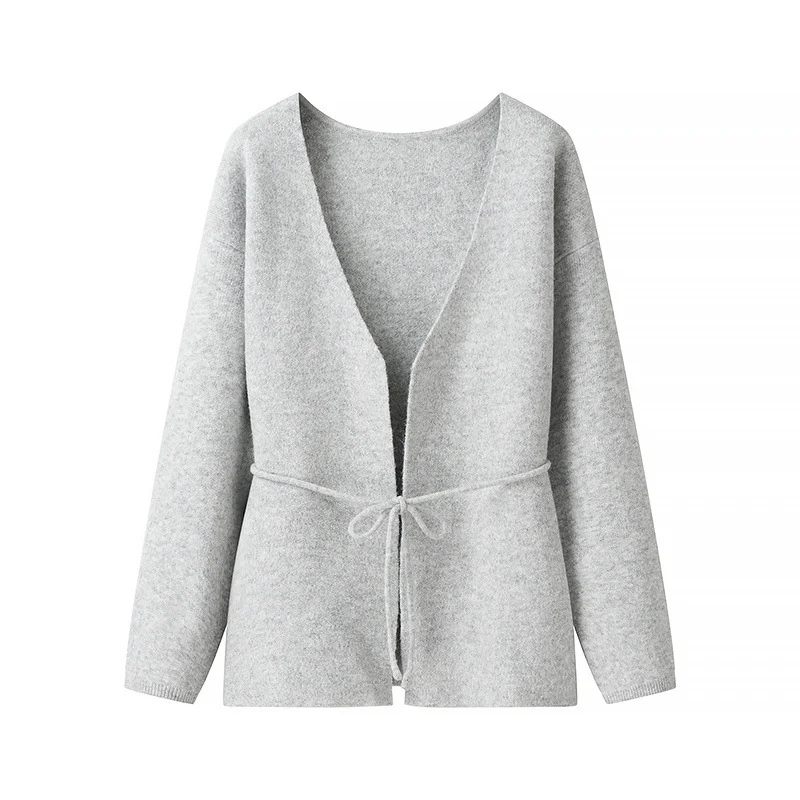 Damen Offener Strickcardigan mit Bindegürtel und V‑Ausschnitt Nord Taschen