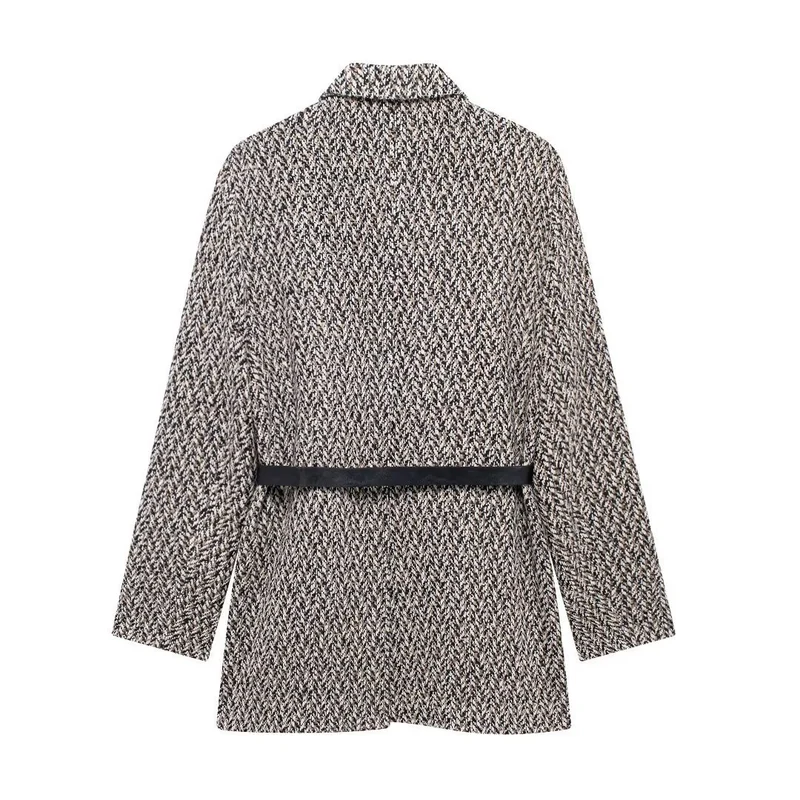 Damen Midilanger Bouclé-Tweed-Blazerjacke mit Lederimitat‑Gürtel Nord Taschen
