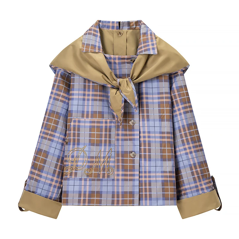 Damen Kurzjacke mit Karo-Kragen, Bindeschal und Monogramm-Tasche Nord Taschen