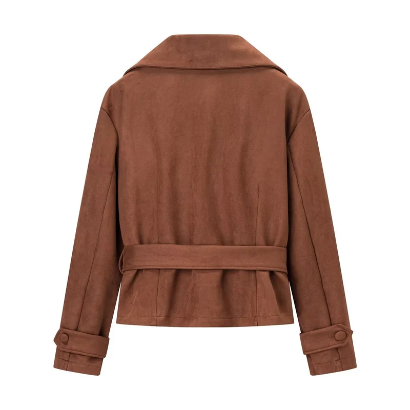 Damen Kurzjacke im Veloursleder‑Look mit Taillengürtel und großem Revers Nord Taschen