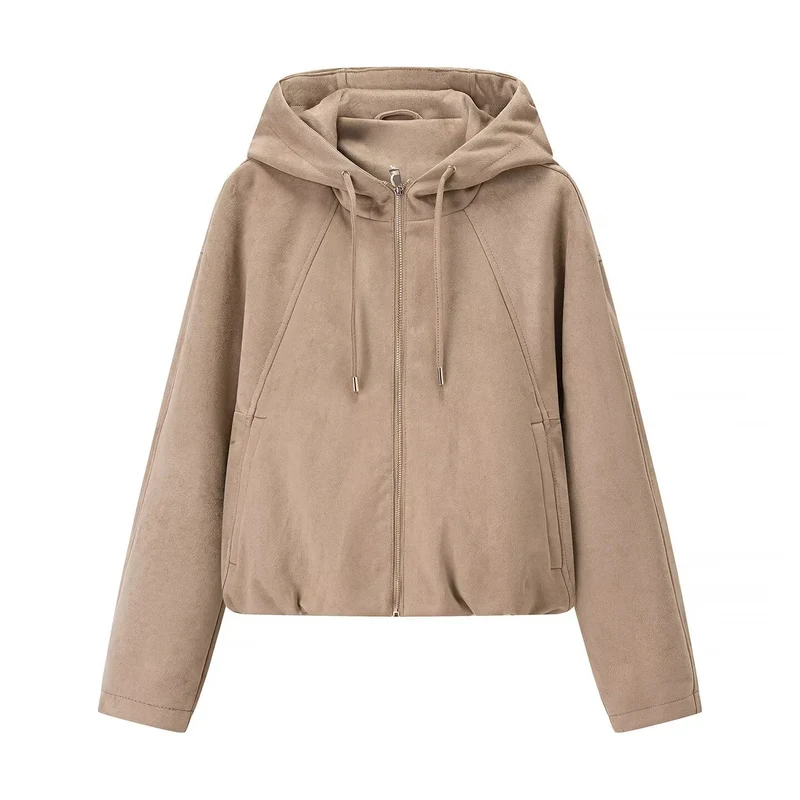 Damen Kurzjacke im Veloursleder‑Look mit Kapuze, Tunnelzug und Reißverschluss Nord Taschen