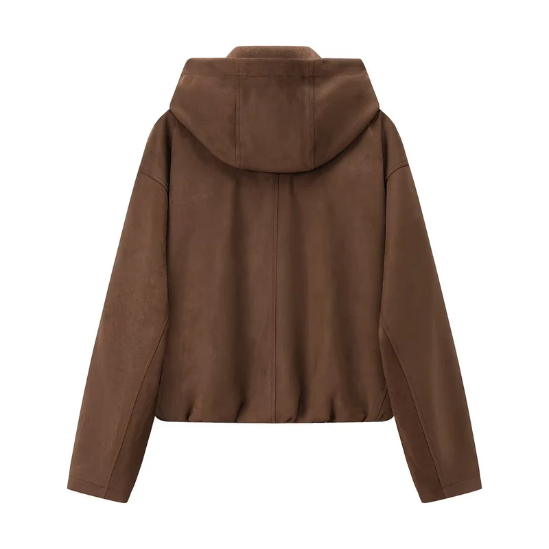 Damen Kurzjacke im Veloursleder‑Look mit Kapuze, Tunnelzug und Reißverschluss Nord Taschen
