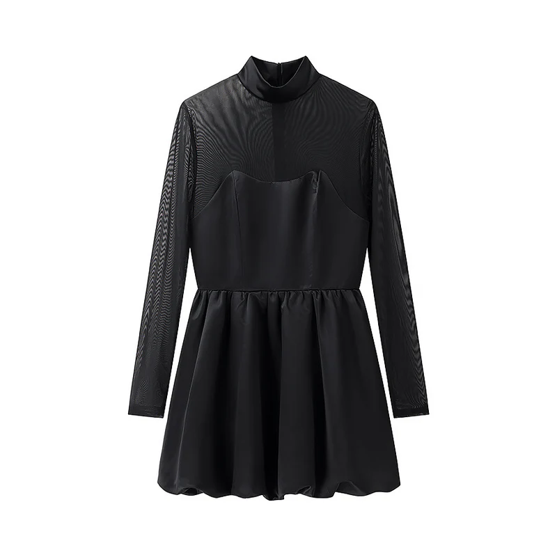 Damen Kurzabendkleid mit Stehkragen, transparenten Mesh-Ärmeln und Korsagen-Optik Nord Taschen