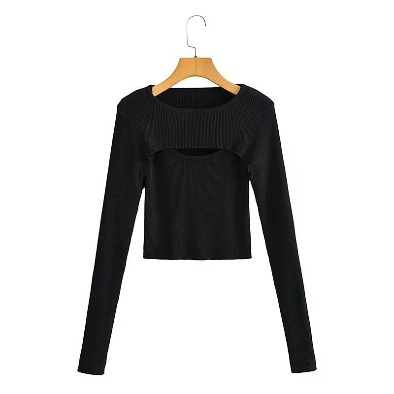 Damen Kurz geschnittenes Rippstrick-Top mit asymmetrischen Cut-Outs und Rundhalsausschnitt Nord Taschen