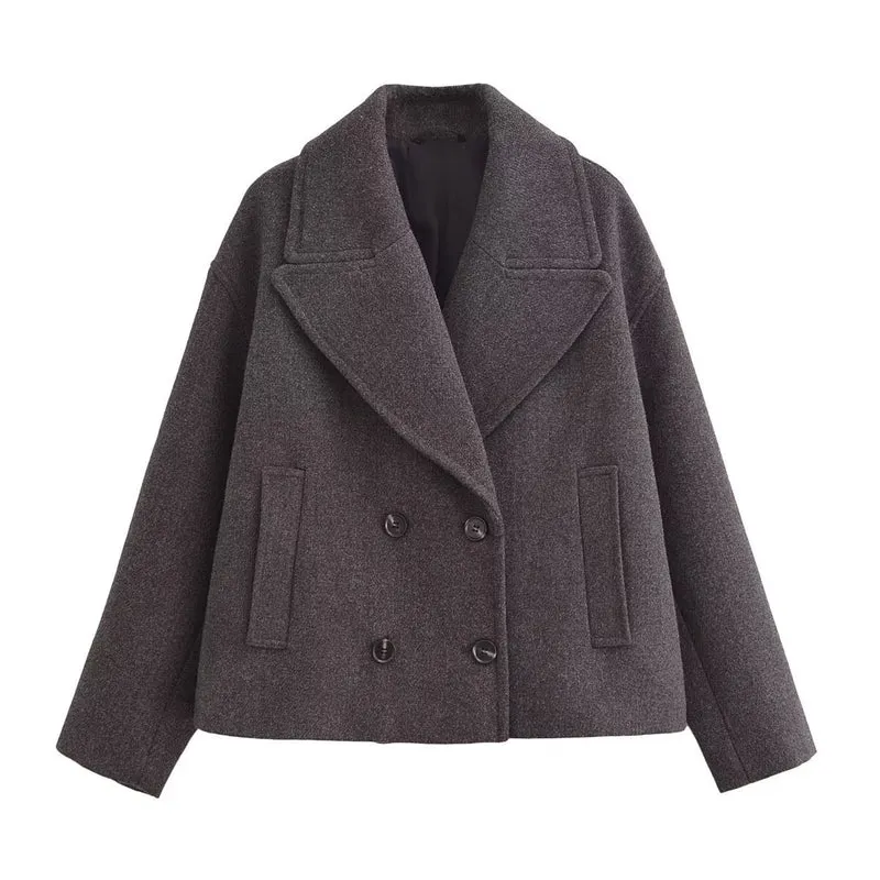 Damen Kurz geschnittener Wollmix-Peacoat mit weitem Revers und Eingrifftaschen Nord Taschen