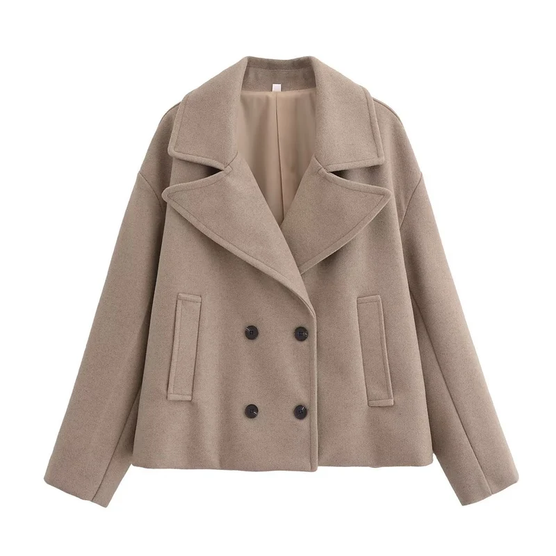 Damen Kurz geschnittener Wollmix-Peacoat mit weitem Revers und Eingrifftaschen Nord Taschen