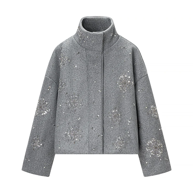 Damen Kurz geschnittener Wollmix‑Mantel mit Stehkragen und Perlen‑Pailletten‑Stickerei Nord Taschen