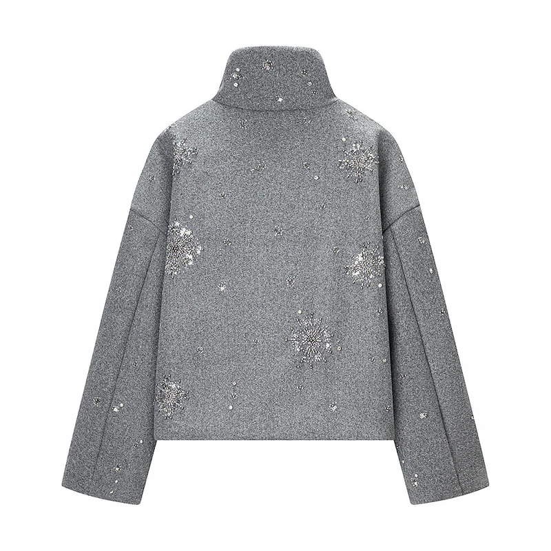 Damen Kurz geschnittener Wollmix‑Mantel mit Stehkragen und Perlen‑Pailletten‑Stickerei Nord Taschen