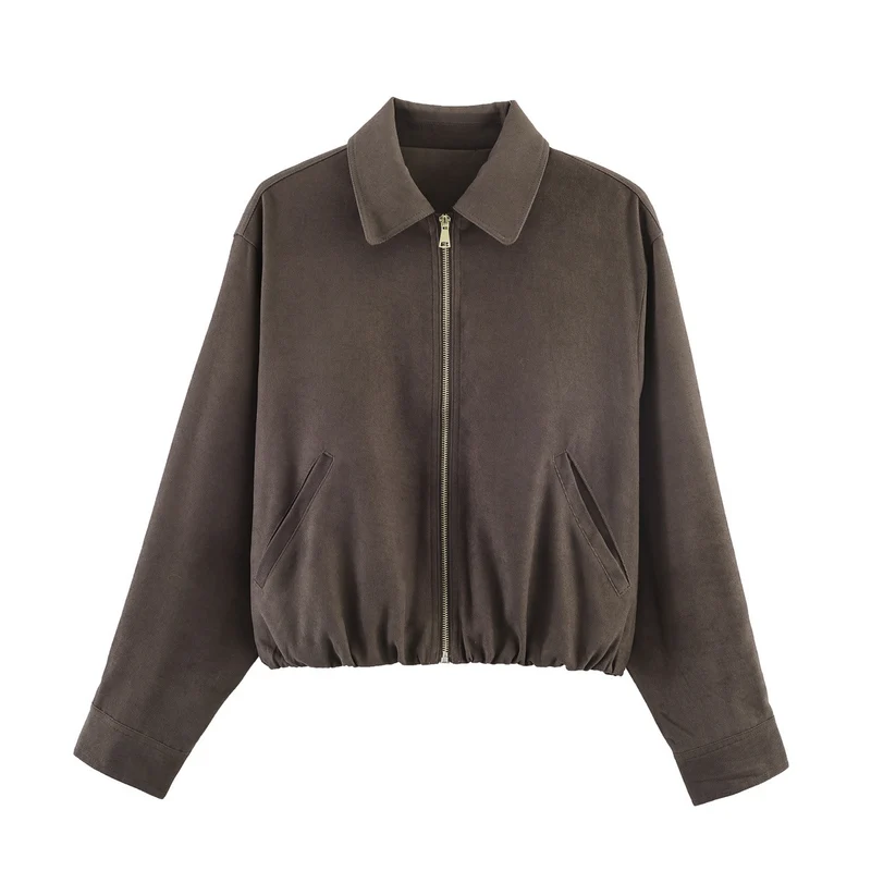 Damen Kurz geschnittener Wildlederoptik-Blouson mit Reißverschluss, elastischem Saum und schrägen Eingrifftaschen Nord Taschen