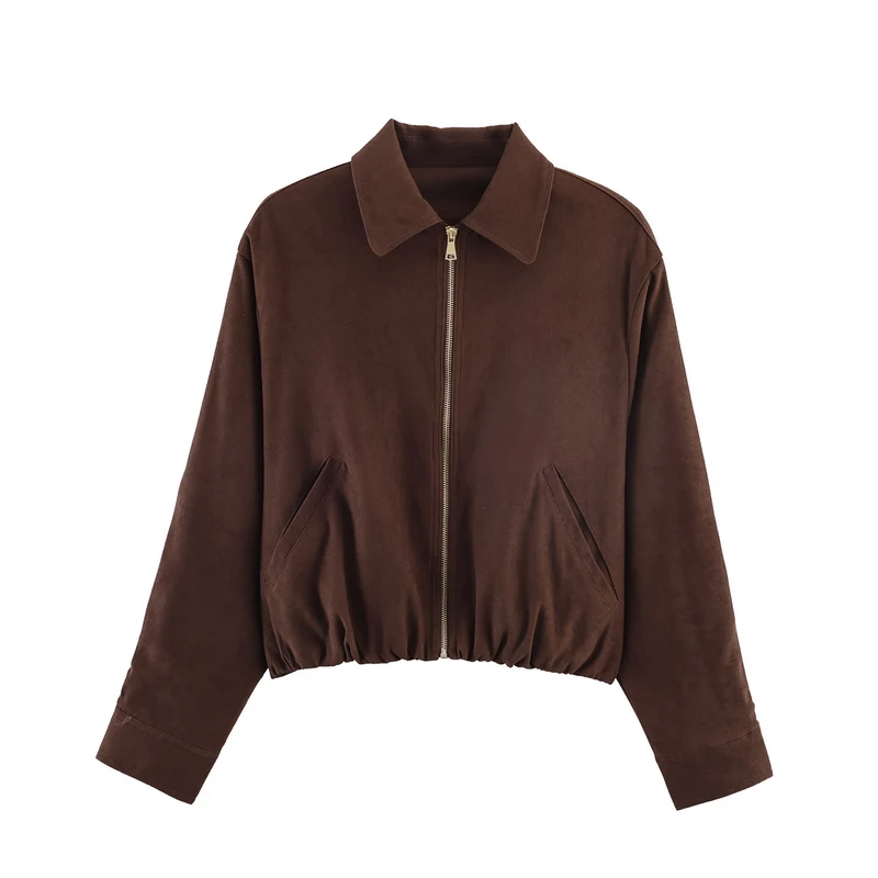 Damen Kurz geschnittener Wildlederoptik-Blouson mit Reißverschluss, elastischem Saum und schrägen Eingrifftaschen Nord Taschen