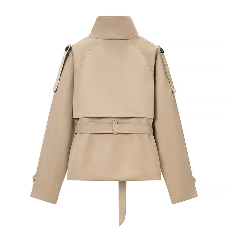 Damen Kurz geschnittener taillierter Trenchcoat mit hoher Knopfleiste und Taillengürtel Nord Taschen