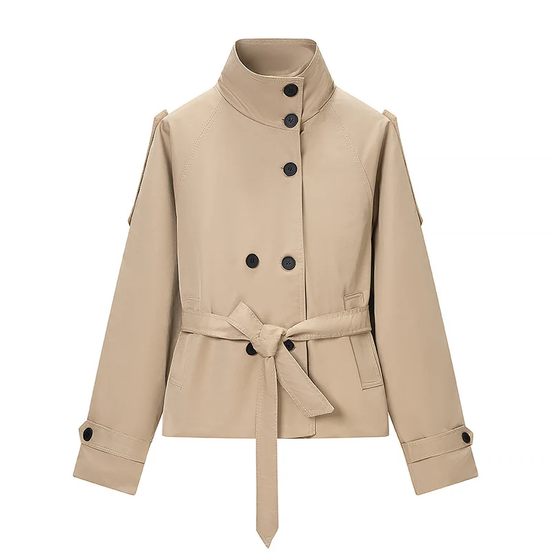 Damen Kurz geschnittener taillierter Trenchcoat mit hoher Knopfleiste und Taillengürtel Nord Taschen