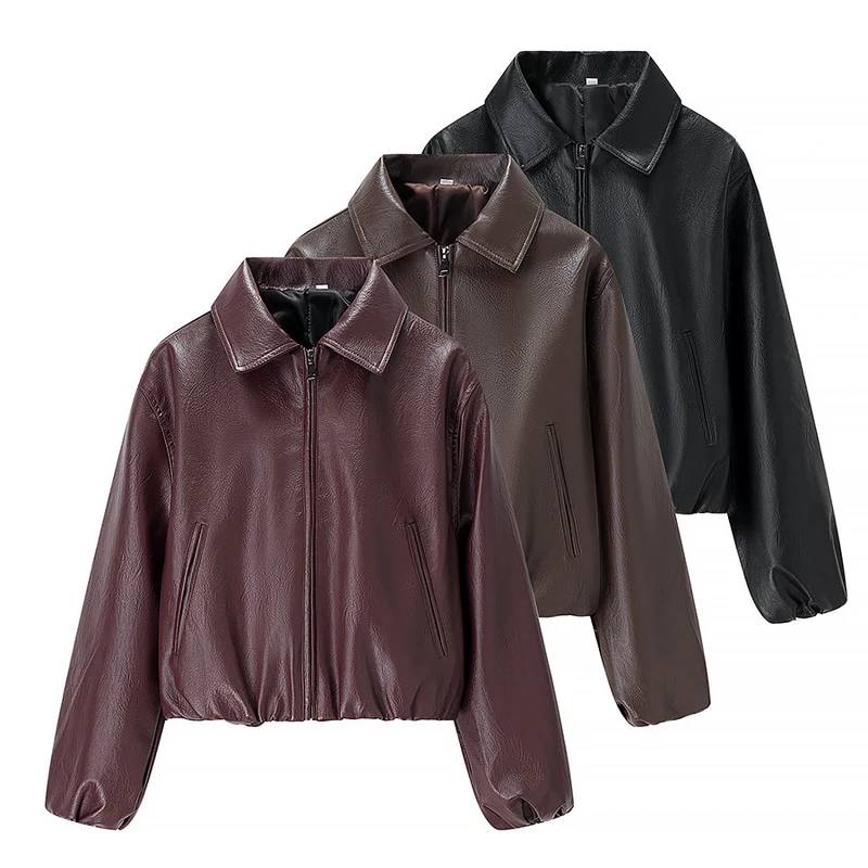 Damen Kurz geschnittener Lederimitat-Blouson mit Reißverschluss und Gummizugsaum Nord Taschen