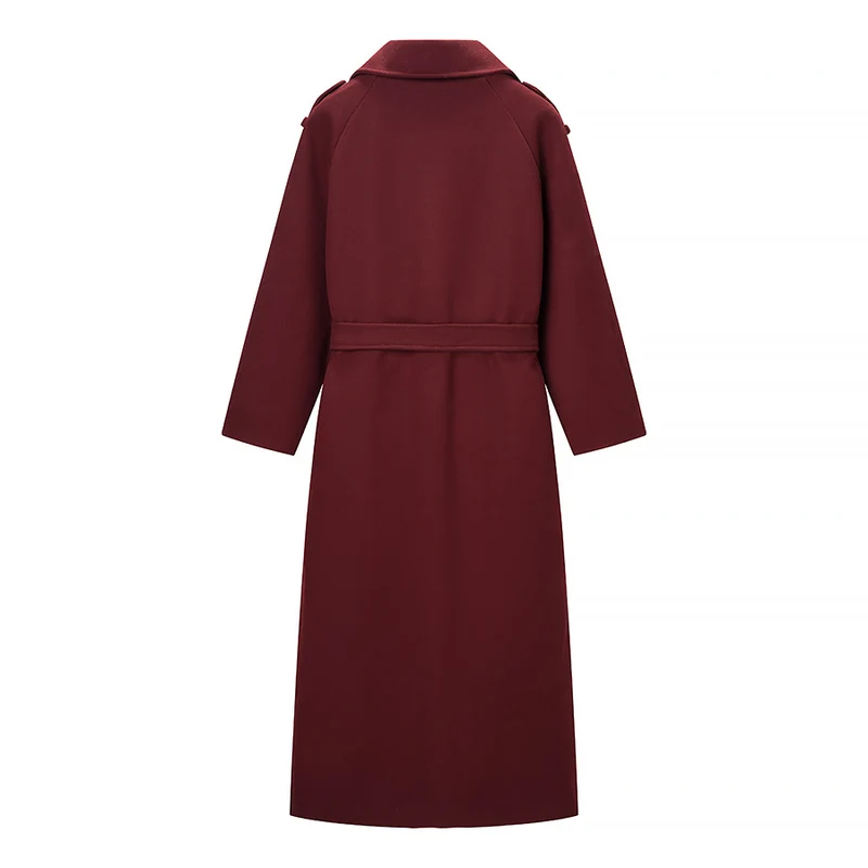 Damen Maxilanger Wollmix-Trenchcoat mit Schulterpasse, Bindegürtel und Krempelärmeln Nord Taschen