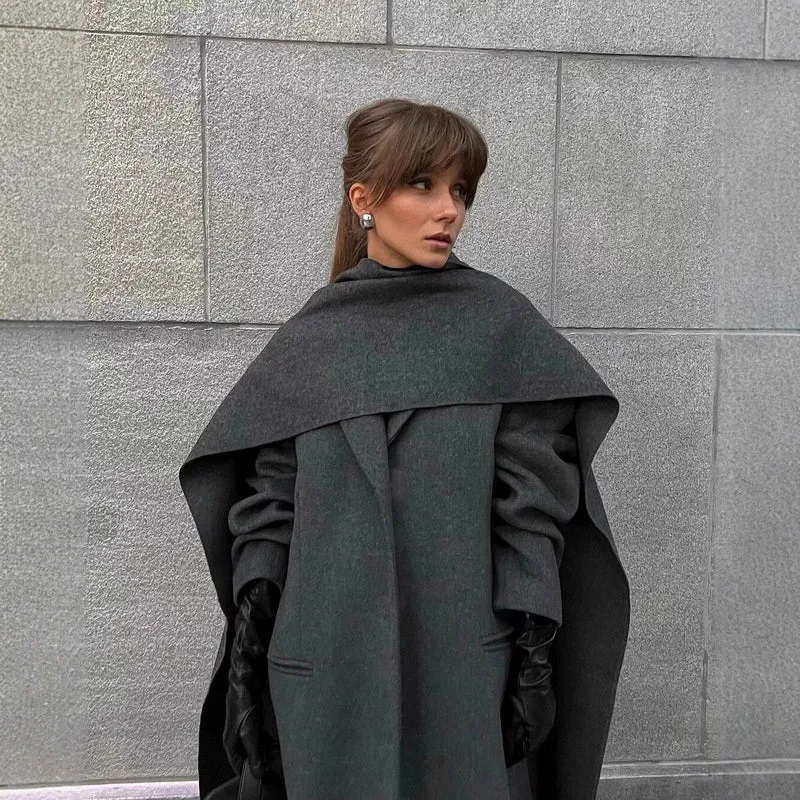 Damen Maxilanger Wollmix-Mantel mit integriertem Loop-Schal und cleanem Revers Nord Taschen
