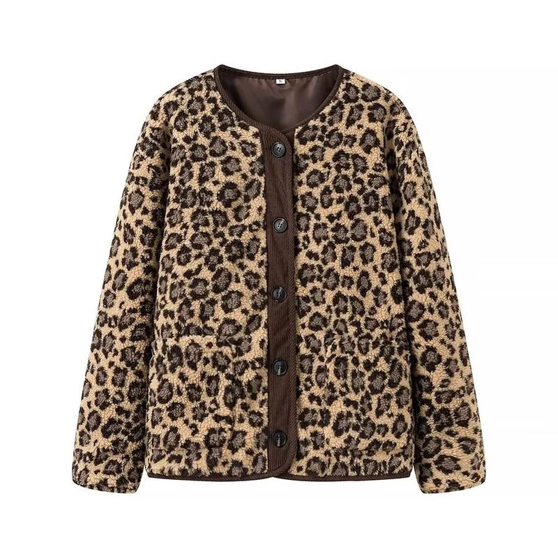 Damen Kurzjacke im Teddy‑Look mit Leopardenmuster und Knopfverschluss Nord Taschen