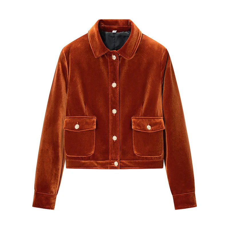 Damen Kurzjacke im Samt‑Look mit Hemdkragen, aufgesetzten Pattentaschen und goldfarbenen Zierknöpfen Nord Taschen