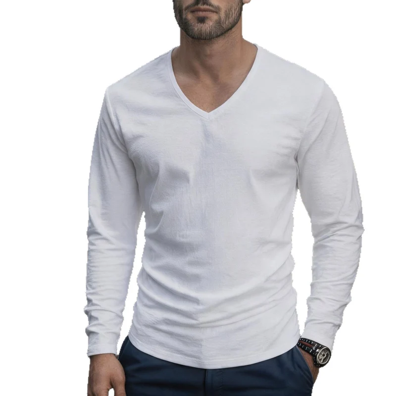 Herren tailliertes Langarmshirt mit V-Ausschnitt aus feinem Baumwollstretch Nord Taschen