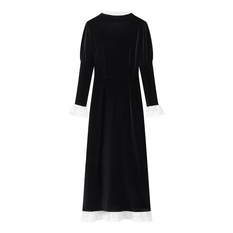 Damen Maxikleid aus Samt mit quadratischem Ausschnitt, Puffärmeln und Spitzenbesatz Nord Taschen