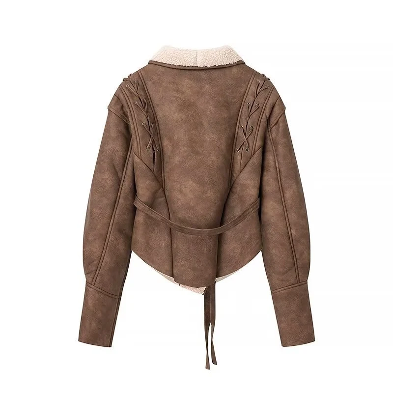 Damen Kurzjacke im Aviator‑Look mit Sherpa‑Futter, Bindegürtel und Schulter‑Schnürung Nord Taschen