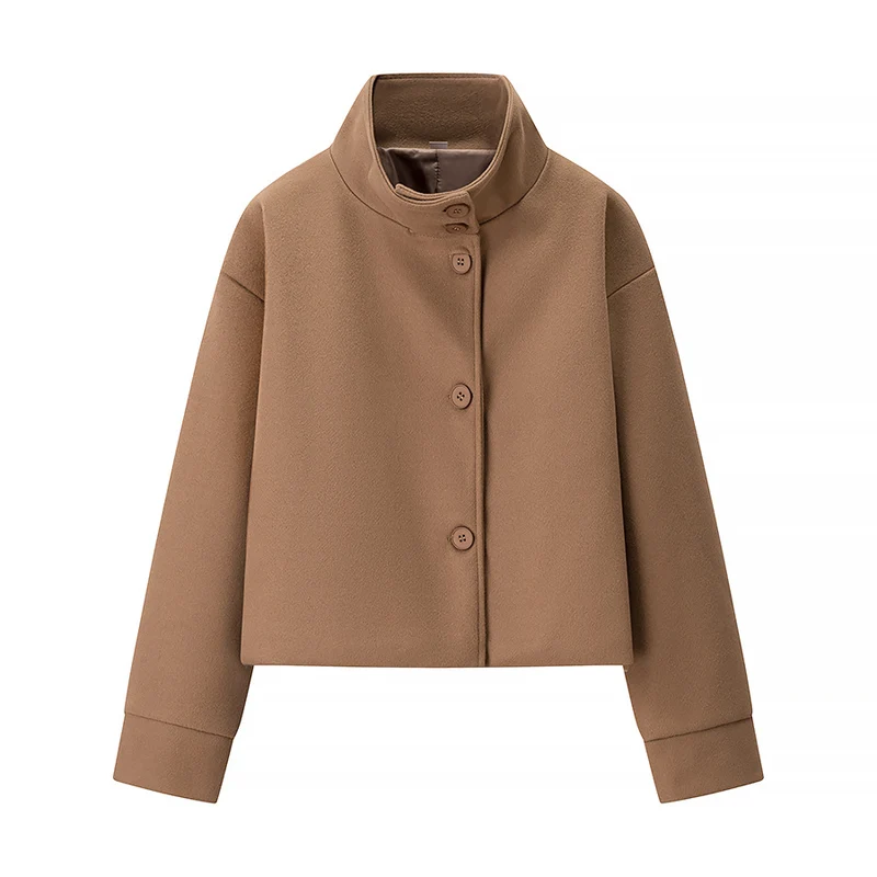 Damen Kurzjacke Boxy Wollmix mit Stehkragen, Oversize-Ärmeln und Knopfleiste Nord Taschen