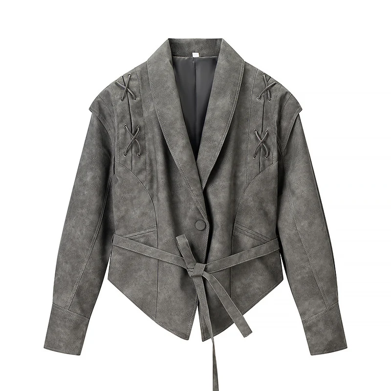 Damen Kurzjacke aus Veloursoptik mit Wickelgürtel und Schnürdetail Nord Taschen